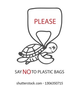 Say no to plastic bags. A Turtle cartoon is requesting to reduce the use of plastic bags.  Problem plastic pollution. Vector illustration.