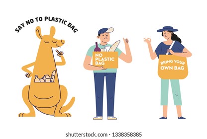 say no to plastic bags, use your own bag, pollution and environment problem concept. kangaroo, boy and girl are campaigning to carry their own bags