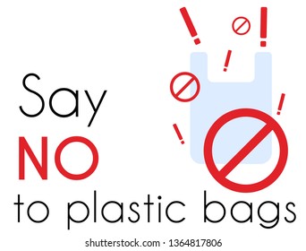 Say no to plastic bags. Use Eco, cloth  bags. Bring your own textile bag. Pollution problem concept. Cartoon styled image with signage calling for stop using disposable polythene package. 