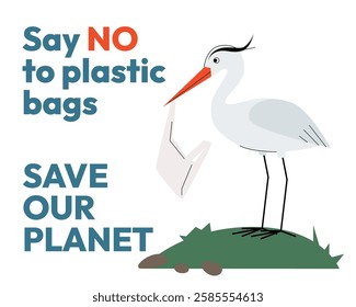 Say No to Plastic Bags Vector Illustration Heron Holding Plastic Waste, Environmental Awareness, Save Our Planet, Eco Friendly Campaign Design. Vector illustration