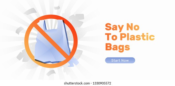Say no to plastic bags web banner template. Modern vector styled image with plastic bag in red stop circle with headline and button. 