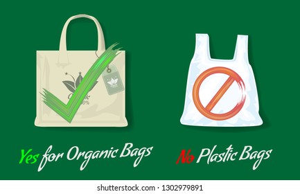 Say no to plastic bags and yes for organic bags. Flat style Vector illustration with acrylic yes or no signs.