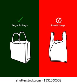 Say no to plastic bags and yes for organic bags. Flat style Vector illustration with acrylic yes or no signs.