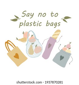 Say no to plastic bags. Zero waste, eco-friendly iilustration with tagline
