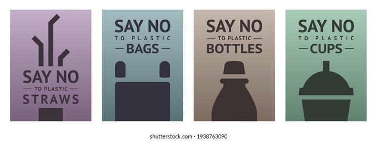 Say no to plastic banners: bags, cups, straws and bottles, trendy ecological multi colored posters set for print