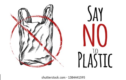 Say no to plastic. Black and white line drawing of a plastic bag with hatching. Environmental pollution. Vector horizontal card with scribble drawing for your creativity.