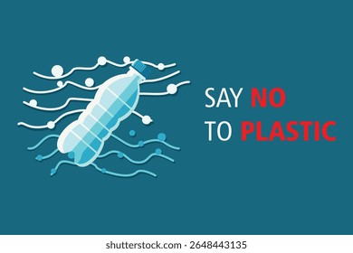 Say No to Plastic Bottle Pollution Illustration. Creative environmental vector showing plastic waste and “Say No to Plastic” message. Ideal for eco-campaigns and print use
