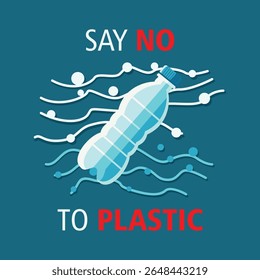 Say No to Plastic Bottle Pollution Illustration. Flat vector of a plastic bottle with warning sign and message “Say No to Plastic” – perfect for environmental awareness designs.