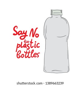 Say no to plastic bottles. Red text, calligraphy, lettering, doodle by hand  isolated on white background. Eco, Applicable for Banners, Poster. Ecology, pollution of nature. Vector