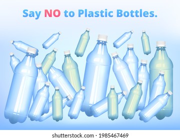 Say no to plastic bottles. Vector ecological or eco poster with plastic bottles, plastic garbage. BYOB, bring your own bottle. Stop plastic pollution in the ocean, sea, or water. Environmental issues.