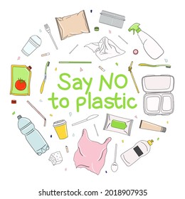 Say no to plastic circle poster. Concept of prevention of plastic pollution. Eco-friendly sustainable lifestyle. Ecological poster. Hand drawn vector illustration.