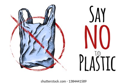 Say no to plastic. Coloring line drawing of a plastic bag with hatching. Environmental pollution. Vector horizontal card with scribble drawing for your creativity.