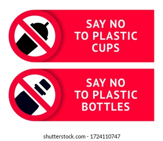 Say no to plastic: cups and bottles, trendy ecological stickers set for print, vector illustration 10eps
