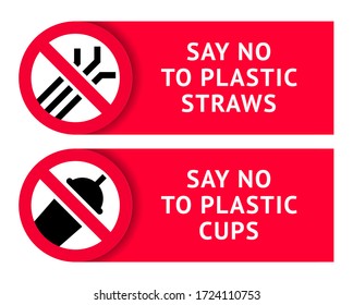 Say no to plastic: cups and straws, trendy ecological stickers set for print, vector illustration 10eps