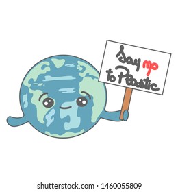 say no to plastic cute cartoon planet Earth concept vector illustration 
