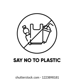 Say no to plastic. Eco problem banner with restrictive sign. Vector illustration. Plastic pollution problem.