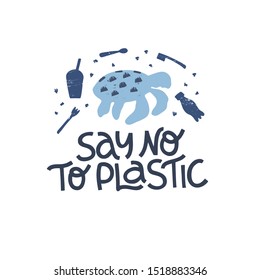 Say no to plastic hand drawn vector illustration. Sea and ocean contamination, environment pollution problem. Turtle and disposable non reusable bottles silhouettes. Zero waste typography