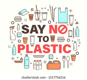 Say no to plastic illustration. Environmental problem concept. plastic package line icons style.