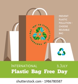 Say NO to plastic! Life is fantastic! Choose reusable bag. Vector eco quote for Plastic Bag Free Day on 3 July, vector poster. Plastic pollution eco problem illustration. Craft package eco friendly