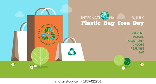 Say NO to plastic! Life is fantastic! Choose reusable bag. Eco quote for International Plastic Bag Free Day 3 July vector banner. Plastic pollution problem illustration. Craft package ecology friendly