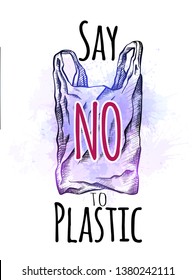 Say no to plastic. Line drawing of a plastic bag with hatching and violet watercolor splashes. Environmental pollution. Vertical card. Vector scribble drawing for your creativity.