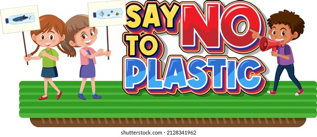 Say no to plastic logo banner with children cartoon illustration