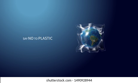 Say no to plastic low poly banner template. 3d polygonal earth globe. Planet covered with plastic concept art with connected dots and lines. Global problem vector color wireframe mesh illustration