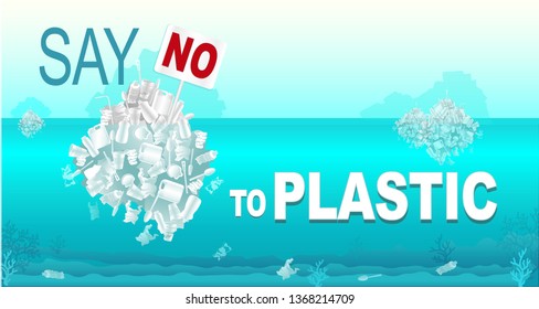 Say no plastic. Рlastic ocean pollution concept. Earth Day concept. Plastic debris contaminating the seabed and coral reefs. Ecological disaster of plastic trash in the ocean.