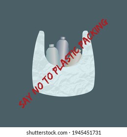 Nein zu Plastikverpackungsdruck, -karte oder -poster. Flaches Ökoleben, Vektorgrafik.