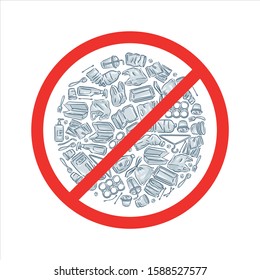 Say no to plastic pollution. Ecological poster. White plastic waste bag, bottle and trash