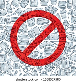 Say no to plastic pollution. Ecological poster. White plastic waste bag, bottle and trash