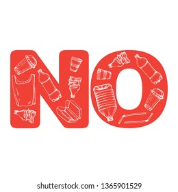 Say no to plastic. Plastic pollution poster. Sketchy symbols collection. Bottle, Package, Contamination, cofee cup, straw. Bpa and plastic free concept. Vector illustration isolated on white