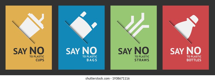 Say no to plastic posters: bags, cups, straws and bottles, trendy ecological multi colored banners