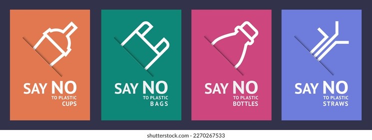 Say no to plastic posters: bags, cups, straws and bottles, trendy ecological multi colored banners