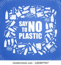 Say no to plastic. Problem plastic pollution. Ecological poster. Banner composed of white plastic waste bag, bottle on blue background.