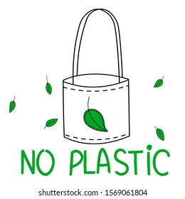 Say no to plastic. Problem plastic pollution. Ecological set with leaves and bags. Vector illustration with lettering. Zero waste, go green, eco style.