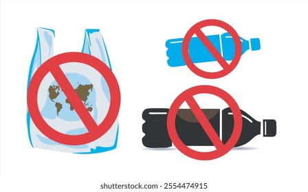 Say no to plastic. Protest against plastic garbage, Say no to plastic bags poster. Disposable cellophane and polythene package prohibition sign. Pollution problem concept. Vector illustration.