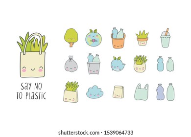 Say no to plastic. Recycling and ecology vector kawaii print. Save our planet