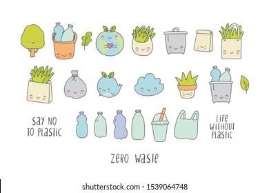 Say no to plastic. Recycling and ecology vector kawaii print. Save our planet