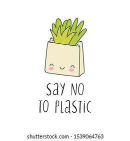 Dile no al plástico. Reciclaje y ecología vectorial kawaii impreso. Salvemos nuestro planeta