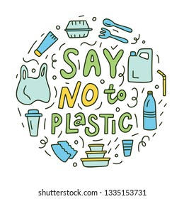 Say no to plastic. Round composition with hand lettering and doodle elements. Vector doodle illustration for postcards, t-shirts, mugs, bags and others.