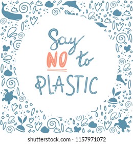 Say no to plastic, save the earth, ecology handdrawn lettering and doodle symbol