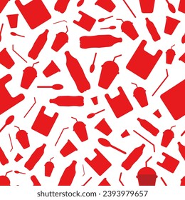 Say no to plastic - save the Earth. Seamless pattern with red plastic garbage bottle cup straw spoon and bag on a transparent background. Plastic problem. Reuse reduce recycle.