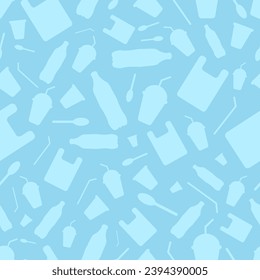 Say no to plastic - save the Earth. Seamless pattern with plastic garbage, bottle, cup, straw, spoon and bag on light blue background. Plastic problem. Reuse, reduce, recycle.