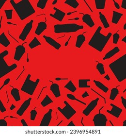 Say no to plastic - save the Earth. Seamless pattern with black plastic garbage bottle cup straw spoon and bag on a red background. Plastic problem. Reuse reduce recycle.