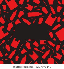 Say no to plastic - save the Earth. Seamless pattern with red plastic garbage bottle cup straw spoon and bag on a black background. Plastic problem. Reuse reduce recycle.