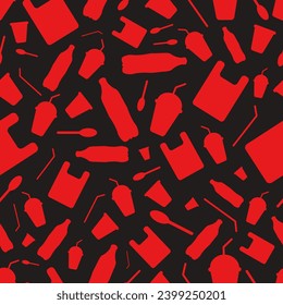 Say no to plastic - save the Earth. Seamless pattern with red plastic garbage bottle cup straw spoon and bag on a black background. Plastic problem. Reuse reduce recycle.