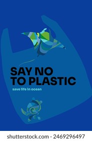 Say no to plastic, save nature, save life in the ocean and sea. 
Sea turtle and stingray trapped in a plastic bag. Vector illustration.