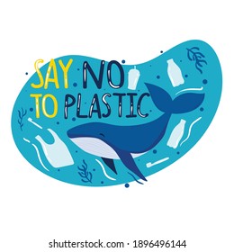 Say no to plastic. Sea, ocean wildlife - whale, fish, plants. Plastic waste in ocean, sea  pollution - bottles, plastic bags, straws. Cartoon style illustration. Keep the sea plastic free.