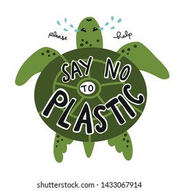 Say no to plastic, sea turtles crying for help cartoon vector illustration doodle style
